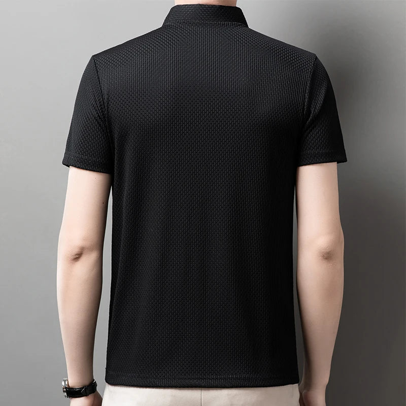 New Men's Business Casual Short Sleeved Bone Flower Solid Color POLO Shirt Fashion Breathable Comfortable Summer Versatile Top
