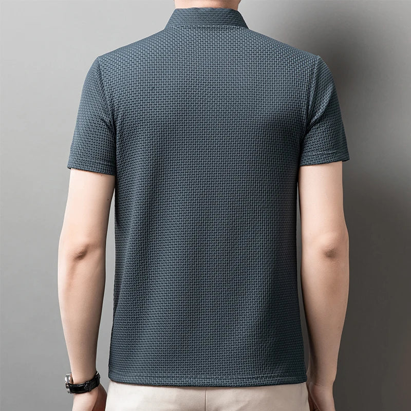 New Men's Business Casual Short Sleeved Bone Flower Solid Color POLO Shirt Fashion Breathable Comfortable Summer Versatile Top
