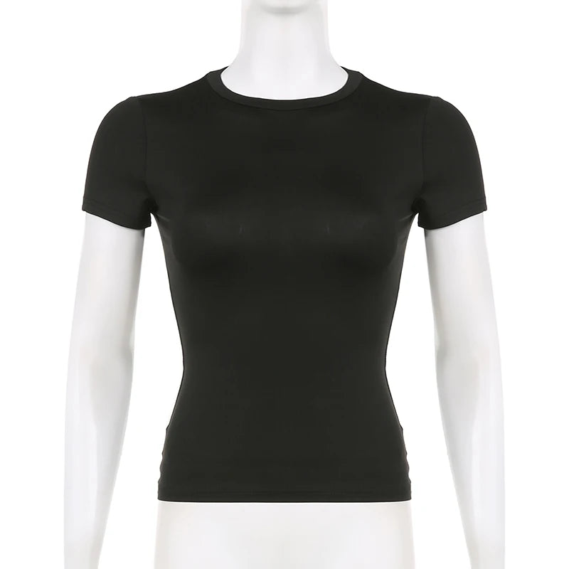 Basic Solid Crop Top Short Sleeve Crewneck Skinny T-shirt Summer Casual Tee for Women Y2K Vintage Top Streetwear