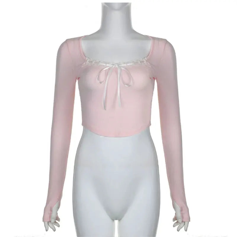 Mooyu Cute Bandage Bow Cropped Top Pink Sweet Coquette Sweet T Shirts Fall Spring Casual Square Collar Tees Women y2k Aesthetic