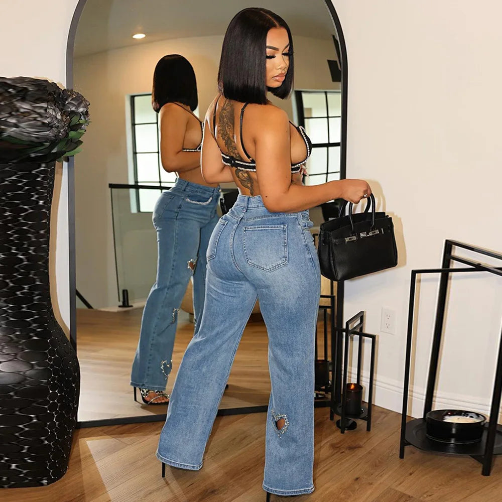Women Stretch Jeans Ankle Length Jean Washed Denim Straight Pants High Waist Trousers Pockets Basics Hollow Solid Diamonds