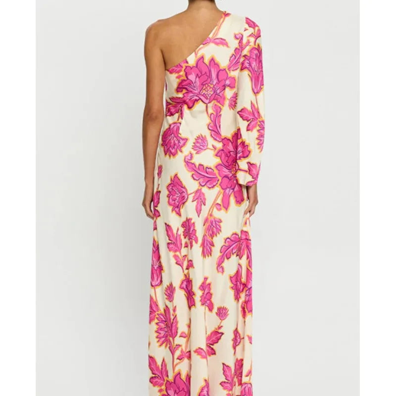 Fashion Rose Printed Satin Dress Womens Elegant High Waist  Boho Maxi Dress Sexy One Shoulder Long Sleeve Women Party Dresses
