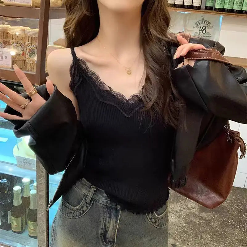 2026 Sleeveless Black Vest Lace Tank Top Women Cropped Cute Camis Sexy White Tank Tops Female Summer Y2k Clothes