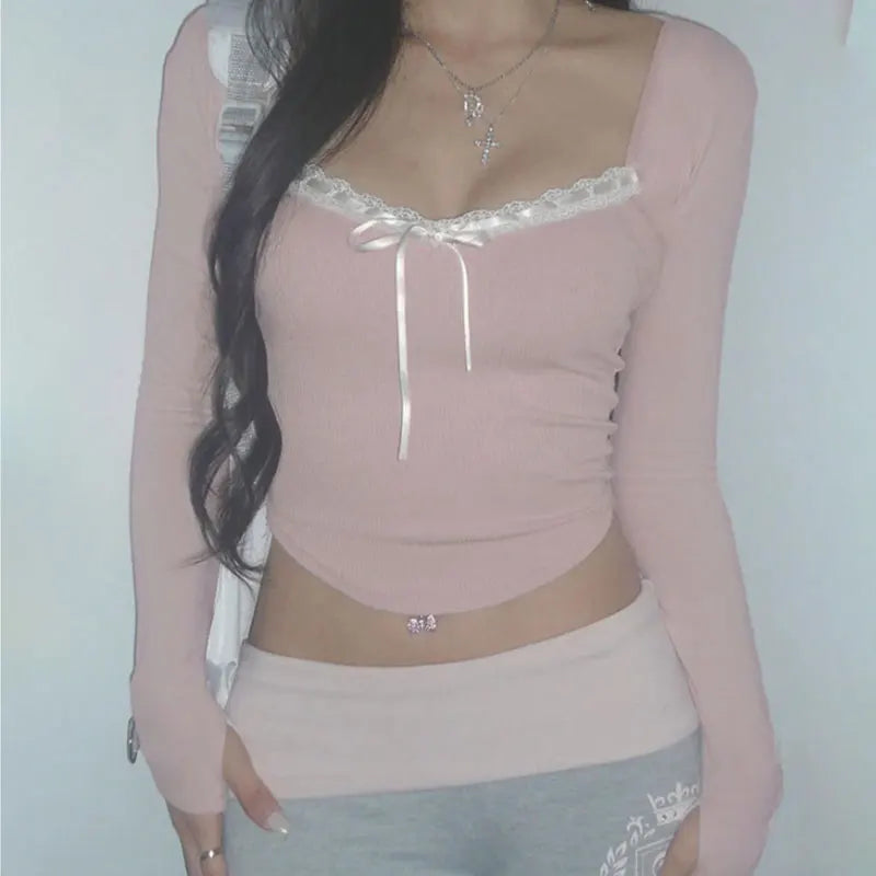 Mooyu Cute Bandage Bow Cropped Top Pink Sweet Coquette Sweet T Shirts Fall Spring Casual Square Collar Tees Women y2k Aesthetic