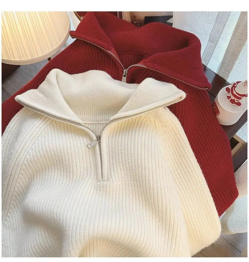 2024 Autumn Style Versatile Basics Half-zipper Loose Lapel Winter Long-sleeved Lazy Sweater Pullover Top