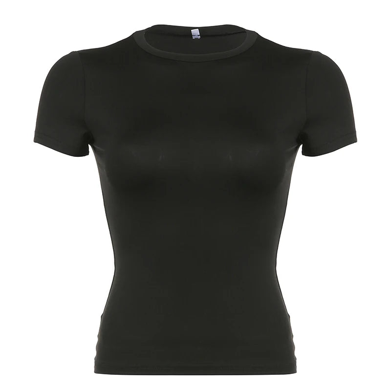 Basic Solid Crop Top Short Sleeve Crewneck Skinny T-shirt Summer Casual Tee for Women Y2K Vintage Top Streetwear