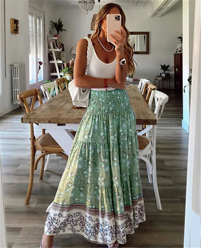 Fashion Women Skirts New Casual All-match Skirt Loose Elastic Waist Floral Print Ethenic Style Boho Skirt Bohemian Style Skirt