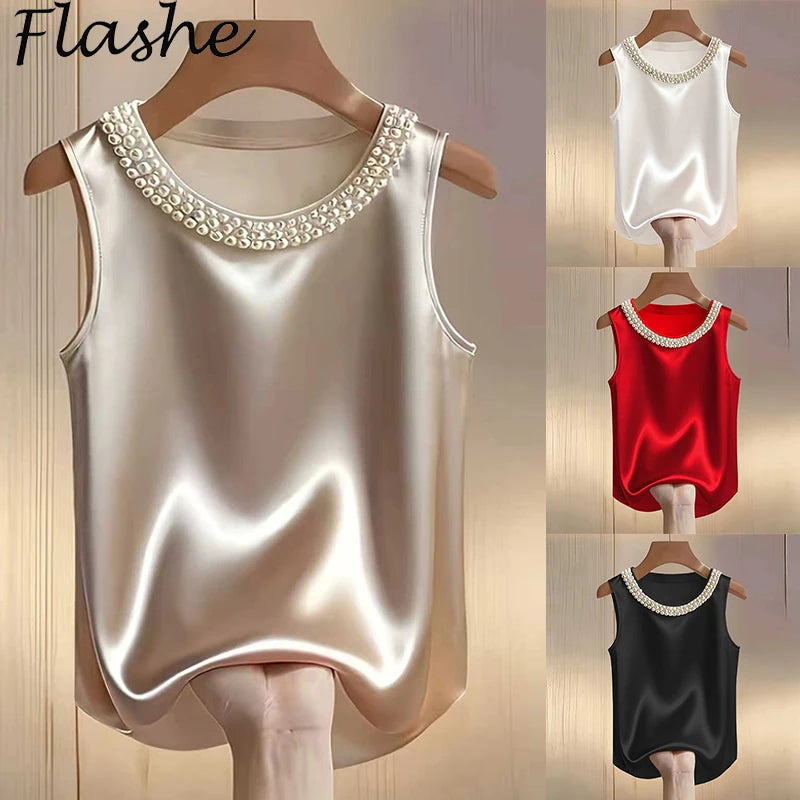 Elegant Satin Shirt Women Summer Bead Design Silk Blouse Women T-Shirts Fashion Loose Vest Women Tank Tops Fashion Lady Tee