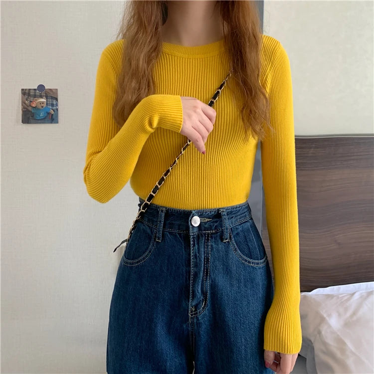 New Women Sweater  Long Sleeve Pullover Basic Top Fashion O-neck Elastic Female Winter Solid Knitted Jumper