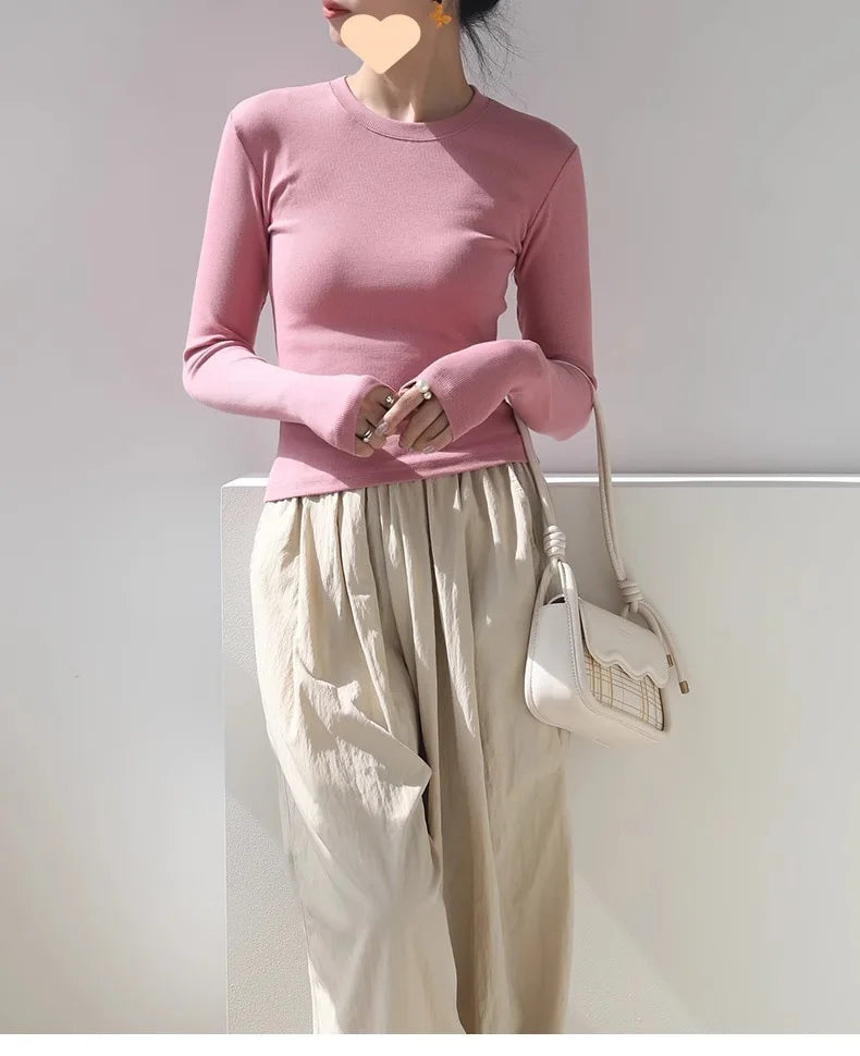 Cotton Women Long Sleeve T-shirt Solid O Neck Slim Base Layer Shirt Autumn New Casual Skinny Bottoming Shirt Sexy Cropped Tops