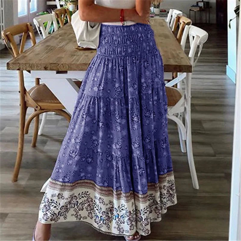 Fashion Women Skirts New Casual All-match Skirt Loose Elastic Waist Floral Print Ethenic Style Boho Skirt Bohemian Style Skirt