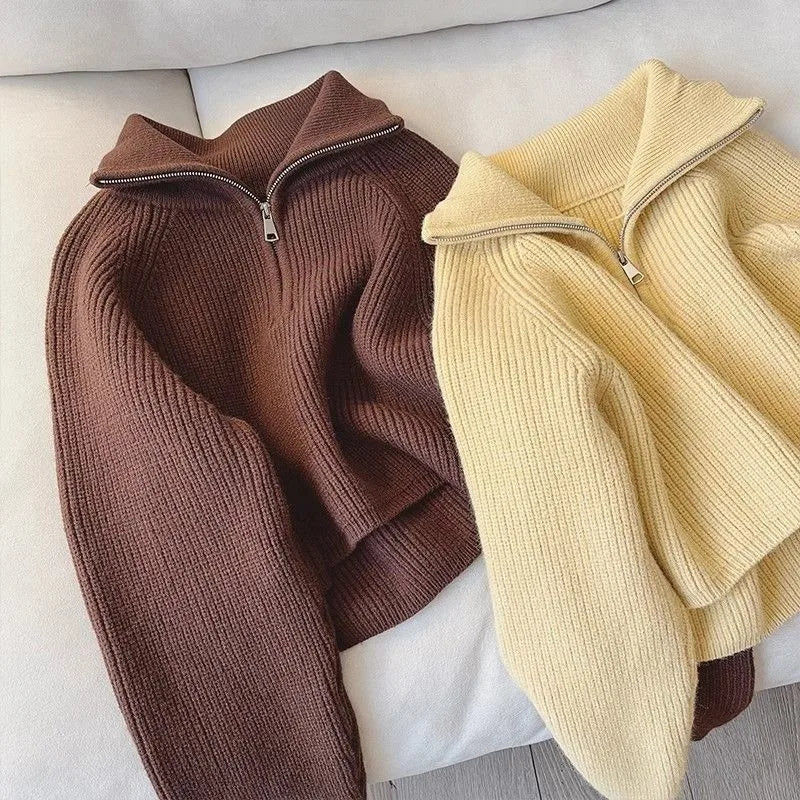 2024 Autumn Style Versatile Basics Half-zipper Loose Lapel Winter Long-sleeved Lazy Sweater Pullover Top