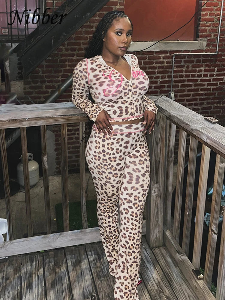 Nibber Leopard Print 2 Piece Set Women's Autumn Tracksuit Athleisure Hooded Crop Jacket + Flared Pants Stretch Matching Suit