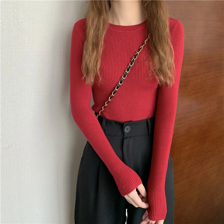 New Women Sweater  Long Sleeve Pullover Basic Top Fashion O-neck Elastic Female Winter Solid Knitted Jumper