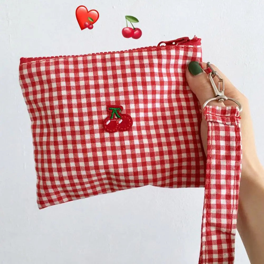 Red cherry canvas makeup bag Red plaid portable Large Capacity cosmetic lipstick storage bag Travel Toiletry Handbag Pouch