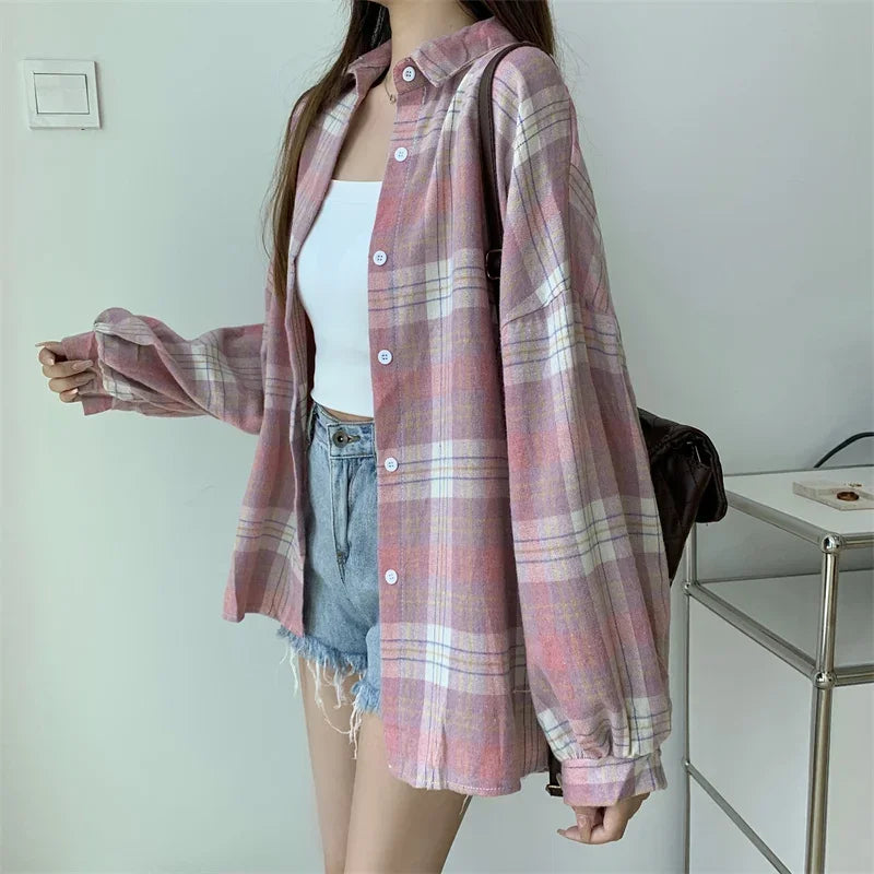 Plaid Shirt Women Long Sleeve Top Female Vintage Fashion Single Breasted Blouse Ladies Preppy Style Loose Check Shirts
