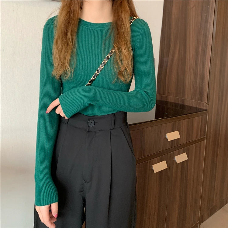 New Women Sweater  Long Sleeve Pullover Basic Top Fashion O-neck Elastic Female Winter Solid Knitted Jumper