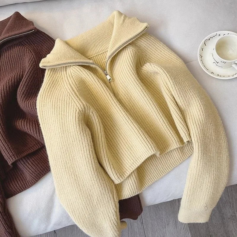 2024 Autumn Style Versatile Basics Half-zipper Loose Lapel Winter Long-sleeved Lazy Sweater Pullover Top