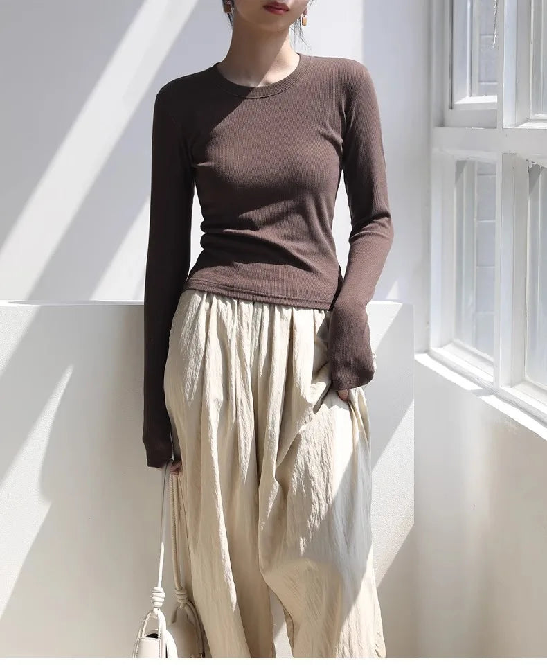 Cotton Women Long Sleeve T-shirt Solid O Neck Slim Base Layer Shirt Autumn New Casual Skinny Bottoming Shirt Sexy Cropped Tops