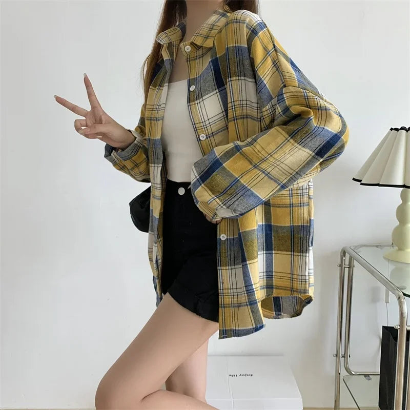 Plaid Shirt Women Long Sleeve Top Female Vintage Fashion Single Breasted Blouse Ladies Preppy Style Loose Check Shirts