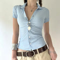 Blue White Stripe Polo Neck Button Splice Short Sleeve T Shirt Slim Fit Curves Sensation Outerwear