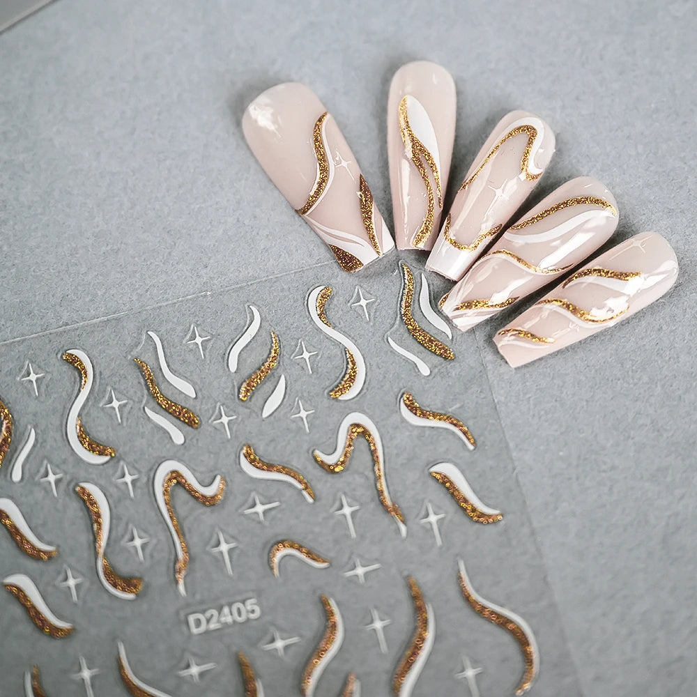 Shiny Glitter French Lines Nails Stickers Waves Curve Ribbon White Gold Stripes Manicure Decals Nails Charming Decoration NK-324