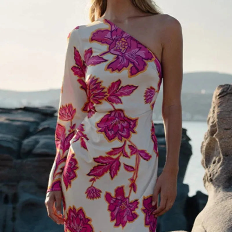 Fashion Rose Printed Satin Dress Womens Elegant High Waist  Boho Maxi Dress Sexy One Shoulder Long Sleeve Women Party Dresses