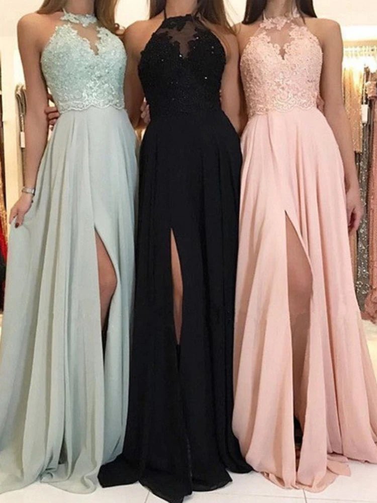 Dress Women Wedding Sexy Halter Lace Floral Sleeveless High Waist Evening Long Dresses Gown Vestidos Slim Fit Elegant