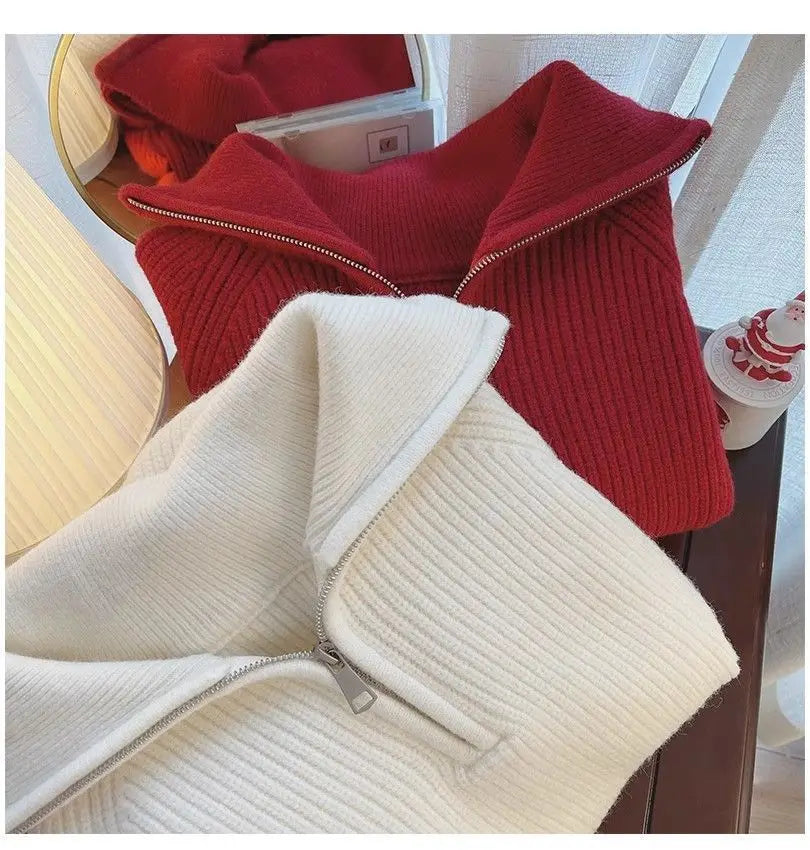 2024 Autumn Style Versatile Basics Half-zipper Loose Lapel Winter Long-sleeved Lazy Sweater Pullover Top
