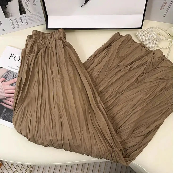 Spring Summer Elastic Waist Skirts Women Wrinkled Soft Solid A Line Long Skirt With Linning