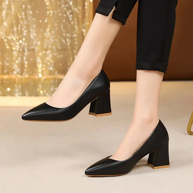 Large high-heeled shoes women new style thick-heeled pointed light-mouthed single black mid-heeled working women's shoes