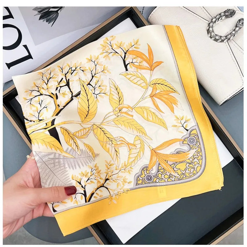 1pcs 70cm Fallen Leaf Autumn Yellow Silk Scarf for Women Simulated Silk Elegant Fresh and Versatile Headwear and Clothing