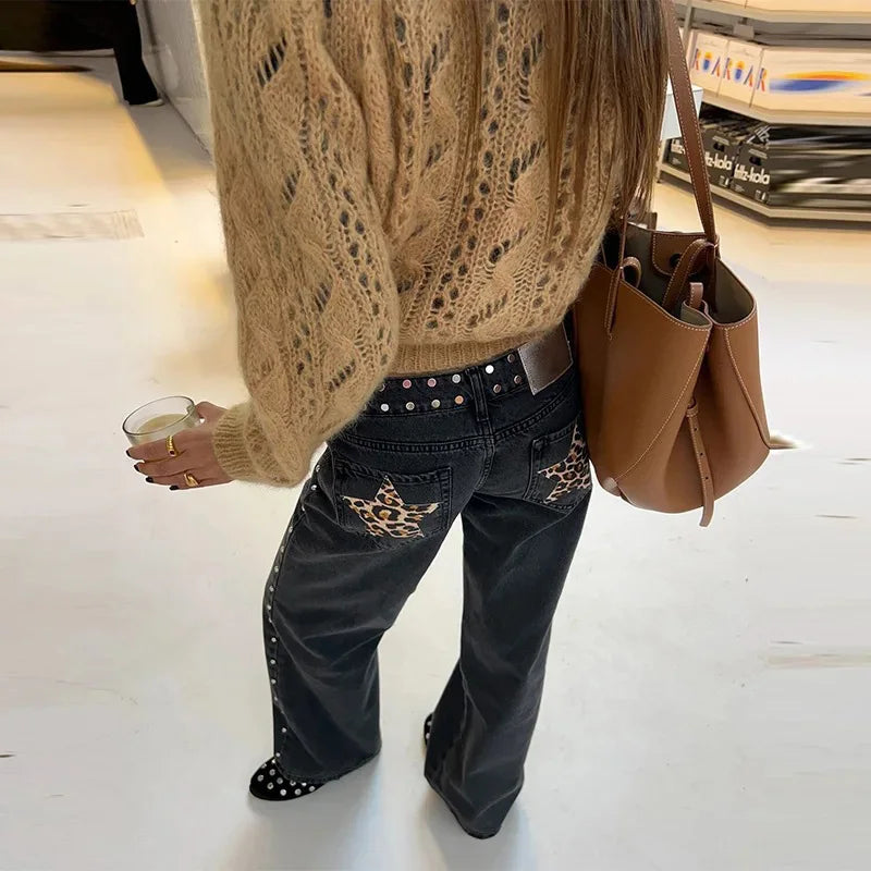 Leopard Star Jeans Y2K Women New Fashion High Waist Zipper Straight Jeans Female Casual Streetwear Harajuku Hip Hop Black Pants