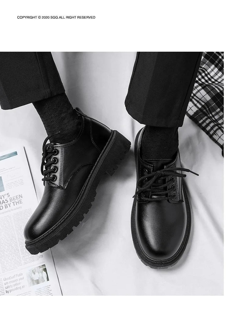 Men's Casual Leather Shoes Thick Bottom Leisure Trendy British Style Winter New Arrival Breathable round Toe Low Heel