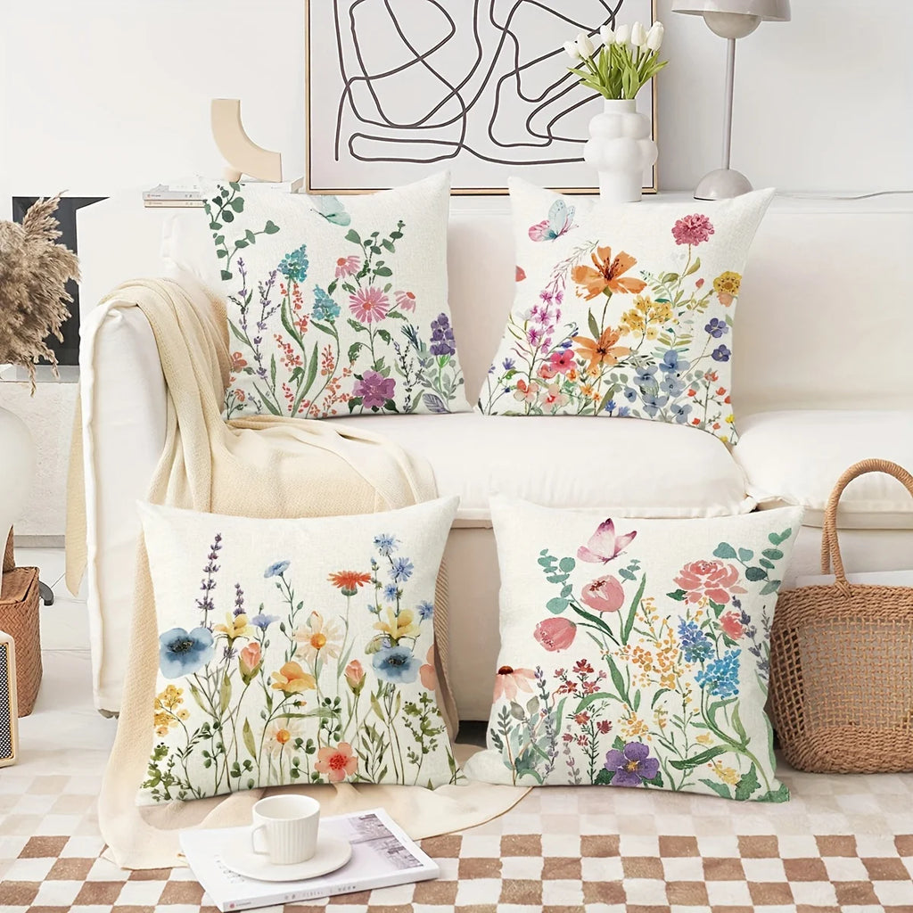 4pcs Floral Printed Pillowcases with Butterfly Motifs Sofa cushion cover home bedroom room decoration
