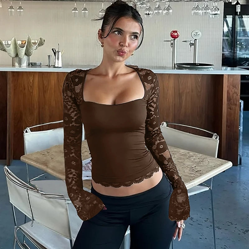 Hugcitar Women Fashion Square Collar Patchwork Lace Floral Print Long Sleeve Sexy Crop T-Shirt Sheer Summer Clothes Party Club