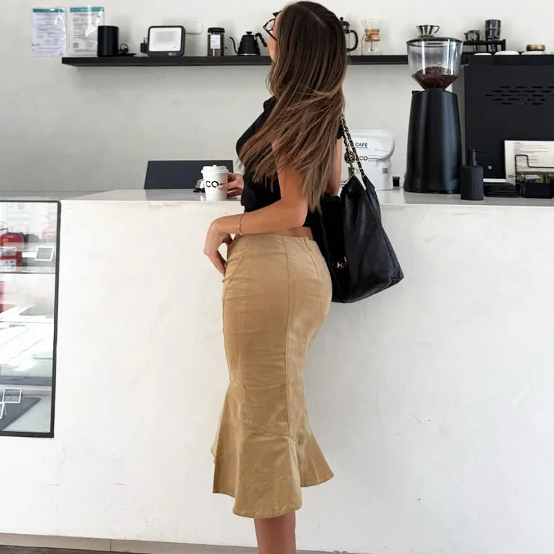 Ticketsx Fashion Vintage Embroidered Skirt Summer Solid New Ruched Split Slim Skirt Elegant Vacation Streetwear Women's Clothing