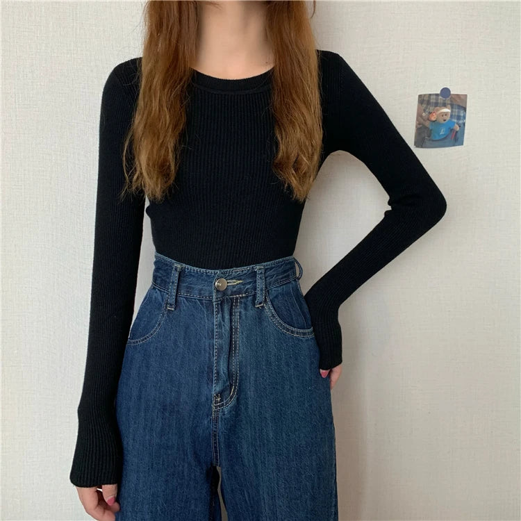 New Women Sweater  Long Sleeve Pullover Basic Top Fashion O-neck Elastic Female Winter Solid Knitted Jumper