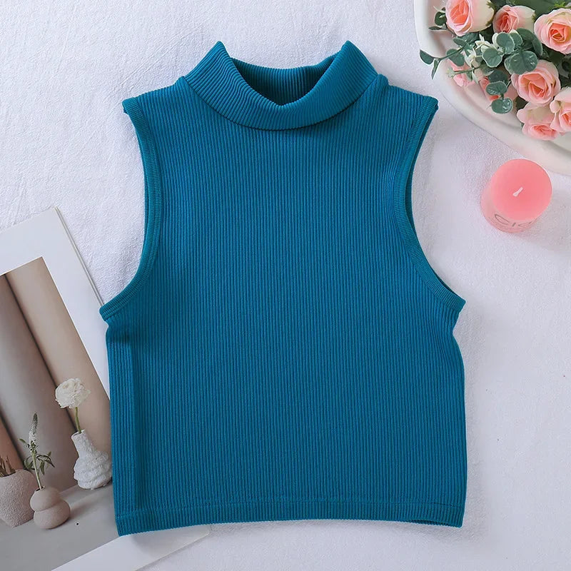 New Seamless Ribbed High Neck Sports Vest Full Wrap Vertical Stripes Running Fitness Yoga Women's Quick Dry Top Female