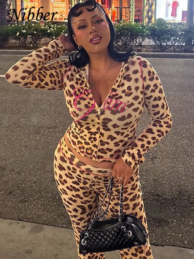 Nibber Leopard Print 2 Piece Set Women's Autumn Tracksuit Athleisure Hooded Crop Jacket + Flared Pants Stretch Matching Suit