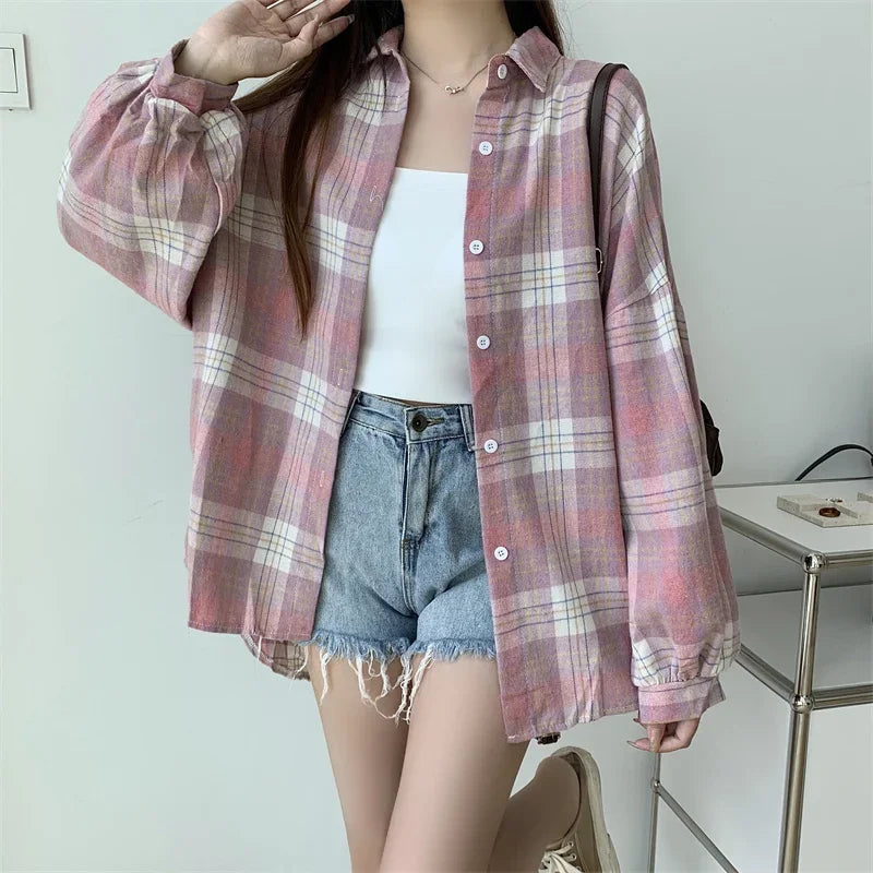 Plaid Shirt Women Long Sleeve Top Female Vintage Fashion Single Breasted Blouse Ladies Preppy Style Loose Check Shirts