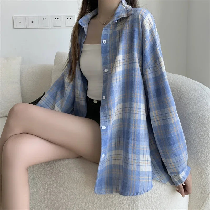 Plaid Shirt Women Long Sleeve Top Female Vintage Fashion Single Breasted Blouse Ladies Preppy Style Loose Check Shirts