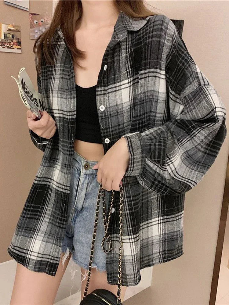 Plaid Shirt Women Long Sleeve Top Female Vintage Fashion Single Breasted Blouse Ladies Preppy Style Loose Check Shirts