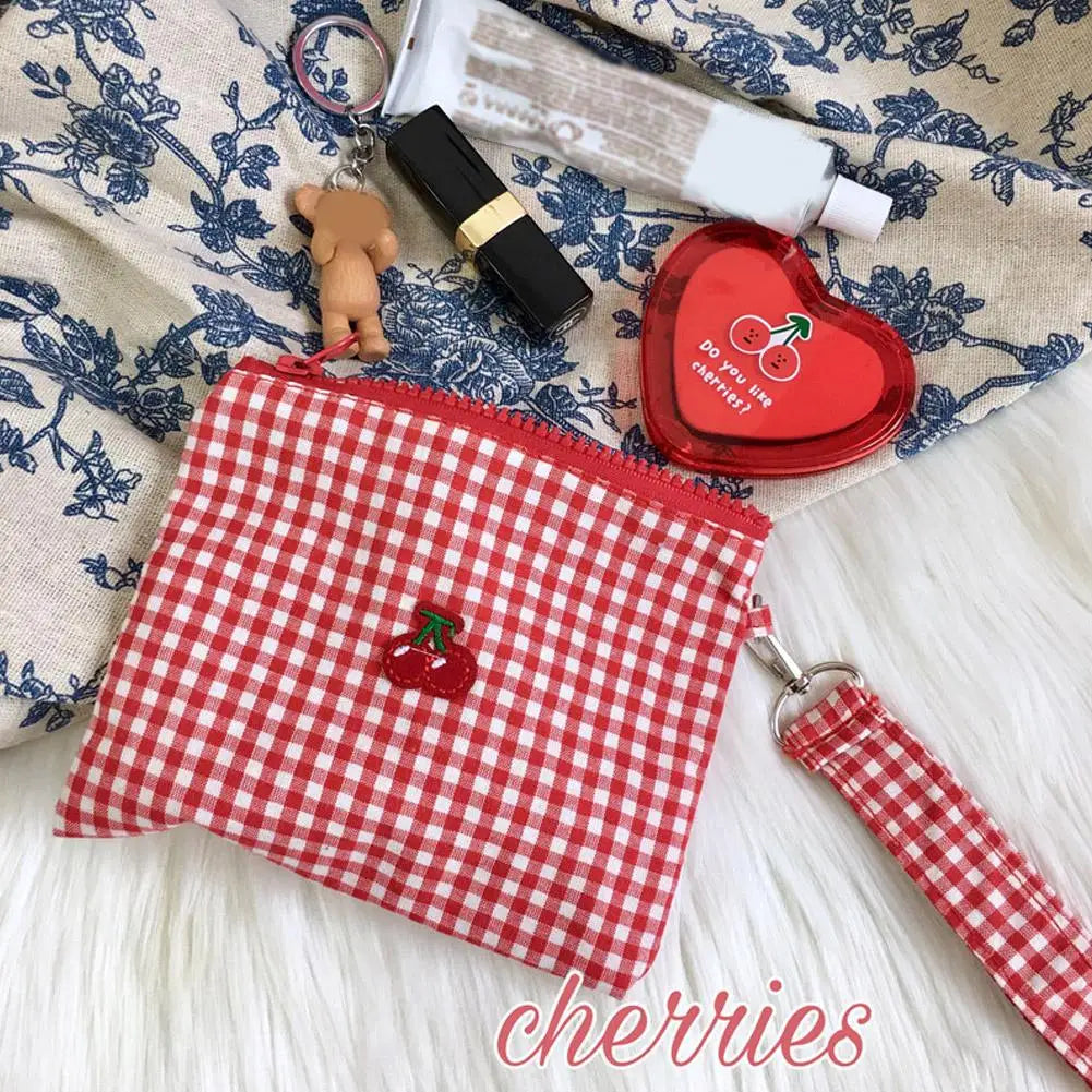Red cherry canvas makeup bag Red plaid portable Large Capacity cosmetic lipstick storage bag Travel Toiletry Handbag Pouch