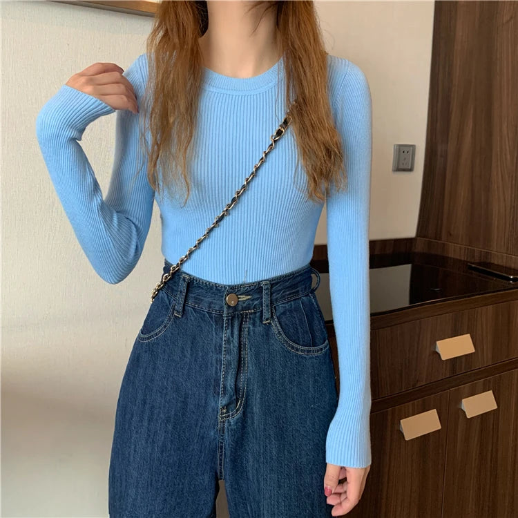 New Women Sweater  Long Sleeve Pullover Basic Top Fashion O-neck Elastic Female Winter Solid Knitted Jumper
