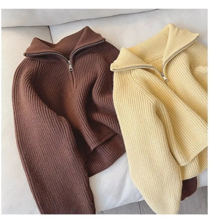 2024 Autumn Style Versatile Basics Half-zipper Loose Lapel Winter Long-sleeved Lazy Sweater Pullover Top