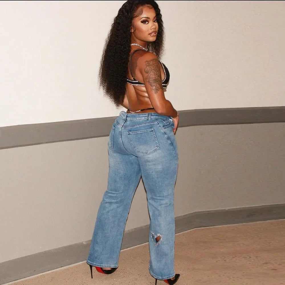 Women Stretch Jeans Ankle Length Jean Washed Denim Straight Pants High Waist Trousers Pockets Basics Hollow Solid Diamonds