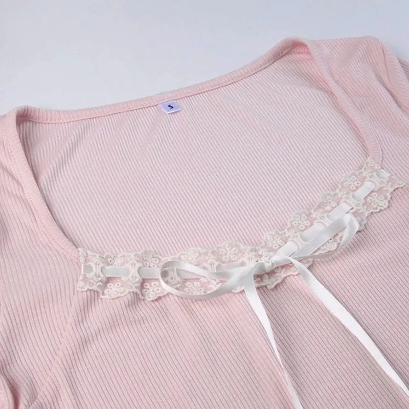 Mooyu Cute Bandage Bow Cropped Top Pink Sweet Coquette Sweet T Shirts Fall Spring Casual Square Collar Tees Women y2k Aesthetic