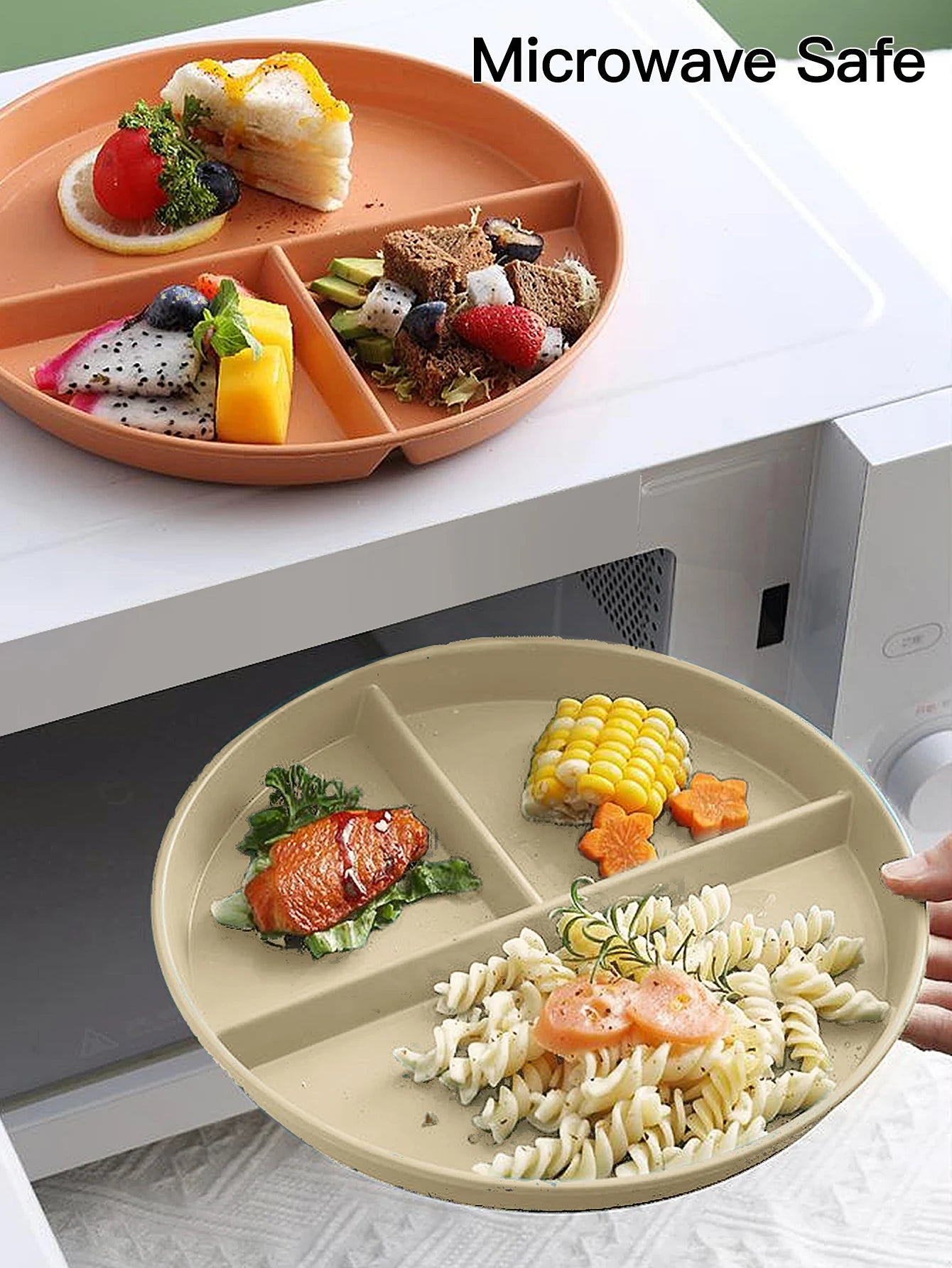 Reusable Fruit Salad Plate Round Plastic Divided Dinning Plate Students Kids Food Plate Microwave & Dishwasher Safe Tableware
