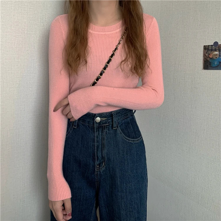 New Women Sweater  Long Sleeve Pullover Basic Top Fashion O-neck Elastic Female Winter Solid Knitted Jumper